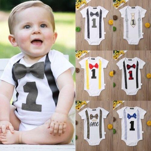 Newborn Infant Baby Boy Gentleman Bow Bodysuit Short Sleeve Jumpsuit Outfits Clothes 0-1Y - ebowsos