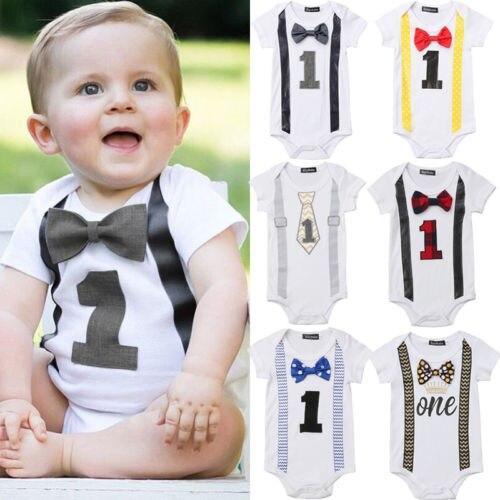 Newborn Infant Baby Boy Gentleman Bow Bodysuit Short Sleeve Jumpsuit Outfits Clothes 0-1Y - ebowsos