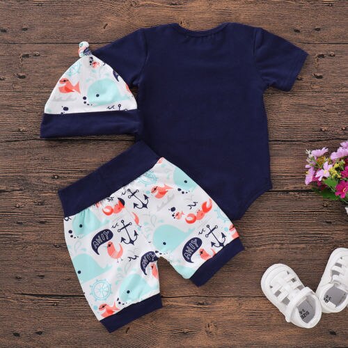 Newborn Infant Baby Boy Tops Romper Tops+Shorts Hat Outfits 3Pcs Set Cotton Kids Clothes - ebowsos