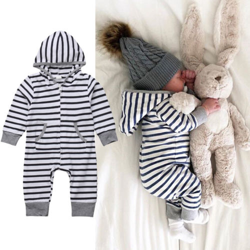 Newborn Infant Baby Boys Girsl Hooded Long Sleeve Zipper Romper Jumpsuit Kids Autumn Cotton Clothes Outfits - ebowsos