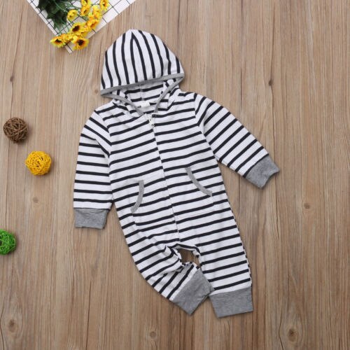 Newborn Infant Baby Boys Girsl Hooded Long Sleeve Zipper Romper Jumpsuit Kids Autumn Cotton Clothes Outfits - ebowsos