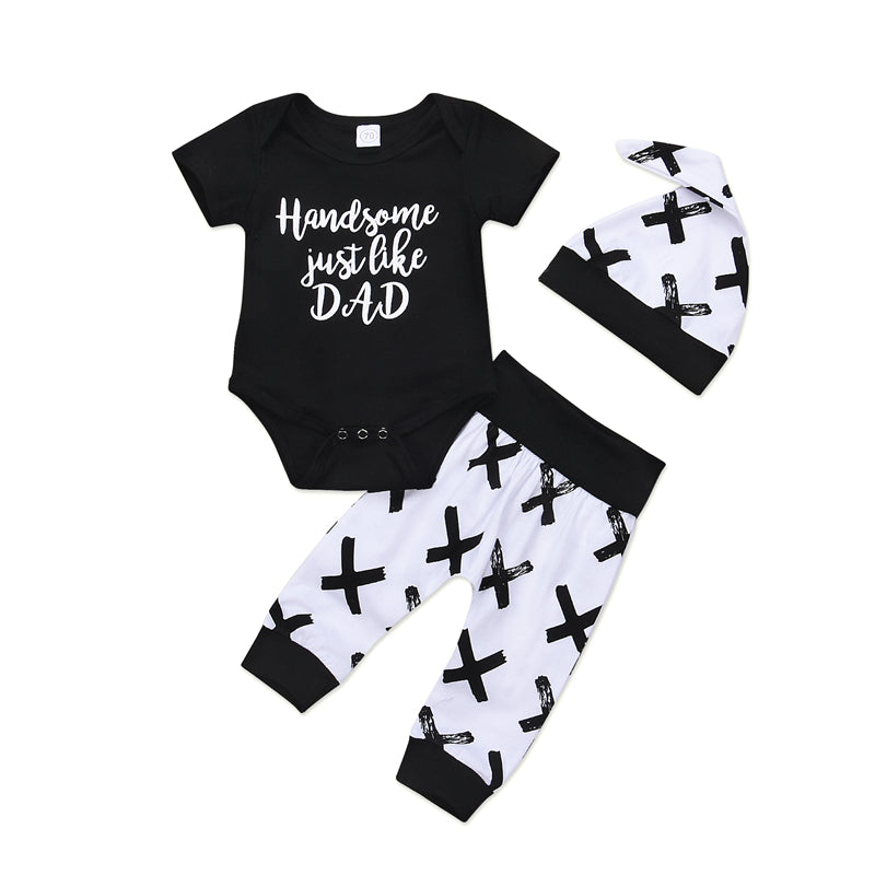 Newborn Infant Baby Boys Letter Cotton Tops Short Sleeve Romper+X Printed Pants Leggings+Hat 3Pcs Outfits Set Clothes - ebowsos