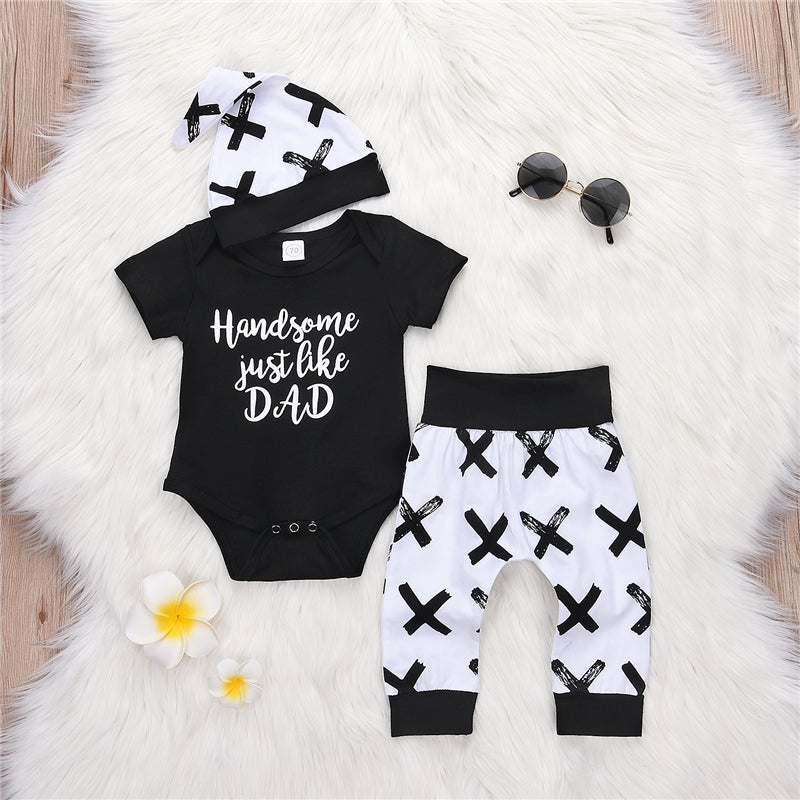 Newborn Infant Baby Boys Letter Cotton Tops Short Sleeve Romper+X Printed Pants Leggings+Hat 3Pcs Outfits Set Clothes - ebowsos