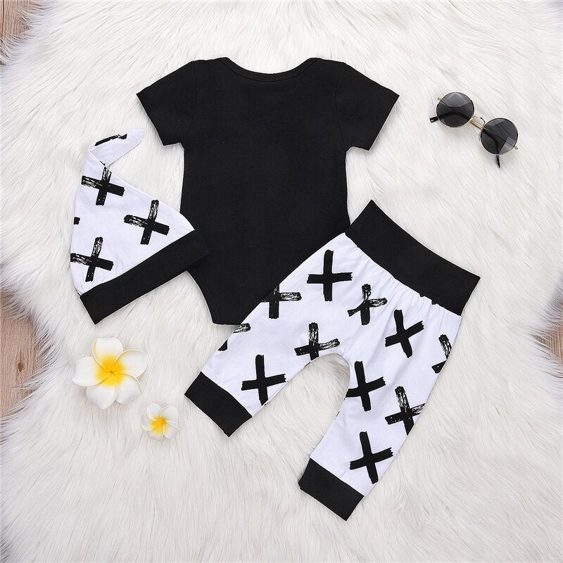 Newborn Infant Baby Boys Letter Cotton Tops Short Sleeve Romper+X Printed Pants Leggings+Hat 3Pcs Outfits Set Clothes - ebowsos