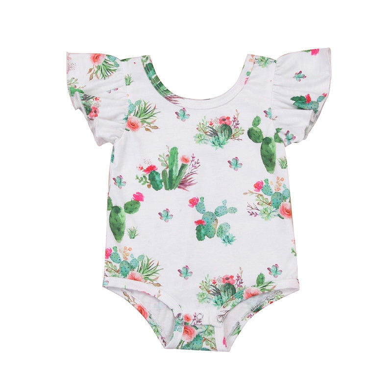 Newborn Infant Baby Girl Flower Printed Short Flutter Sleeve One-Piece Jumpsuit Clothes Outfits Sunsuit - ebowsos