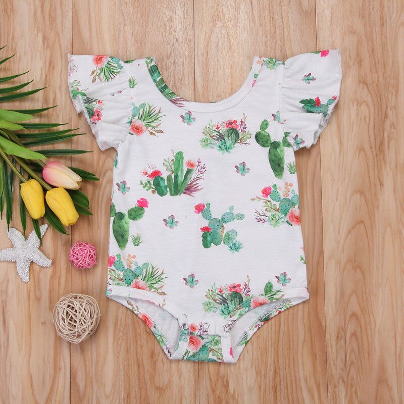 Newborn Infant Baby Girl Flower Printed Short Flutter Sleeve One-Piece Jumpsuit Clothes Outfits Sunsuit - ebowsos