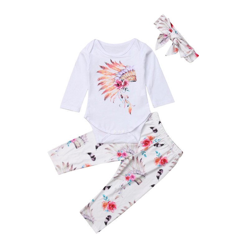 Newborn Infant Baby Girl Outfits Clothes Set Romper Long Sleeve Tops+Pants Leggings +Headband 3pcs Baby Clothing - ebowsos