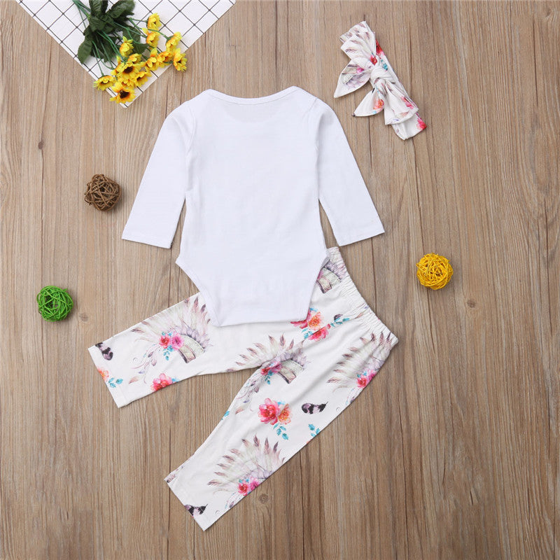 Newborn Infant Baby Girl Outfits Clothes Set Romper Long Sleeve Tops+Pants Leggings +Headband 3pcs Baby Clothing - ebowsos