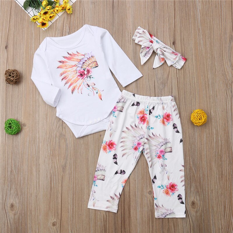 Newborn Infant Baby Girl Outfits Clothes Set Romper Long Sleeve Tops+Pants Leggings +Headband 3pcs Baby Clothing - ebowsos