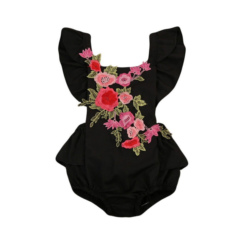 Newborn Infant Baby Girl Rose Flower Bodysuit Back Cross Bandage Outfits Ruffles Embroideied Kid Summer Bodysuit 0-2Y - ebowsos