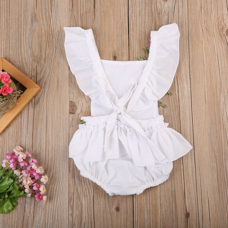 Newborn Infant Baby Girl Rose Flower Bodysuit Back Cross Bandage Outfits Ruffles Embroideied Kid Summer Bodysuit 0-2Y - ebowsos