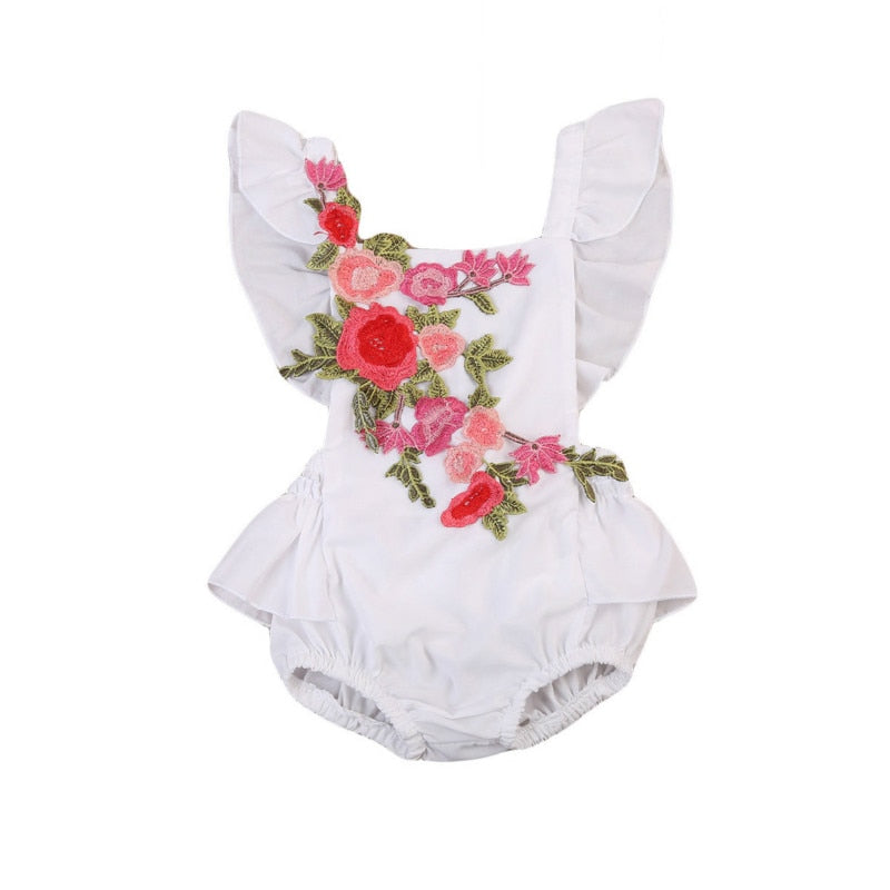 Newborn Infant Baby Girl Rose Flower Bodysuit Back Cross Bandage Outfits Ruffles Embroideied Kid Summer Bodysuit 0-2Y - ebowsos