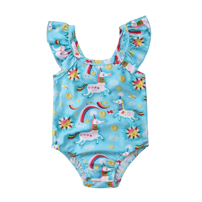 Newborn Infant Baby Girl Sleeveless Ruffled High quality Romper Bodysuit swimwear Cartoon unicorn One-piece - ebowsos