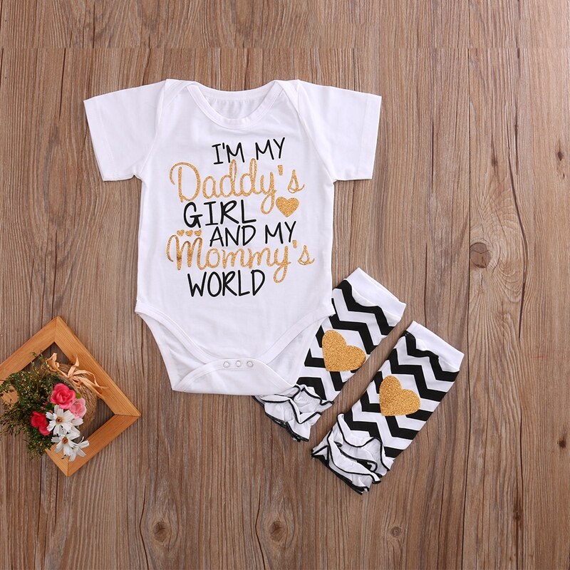 Newborn Infant Baby Girls Kids Letter Bodysuits Cotton Short Sleeve Outfits Set +Leggings Jumpsuit Clothes - ebowsos