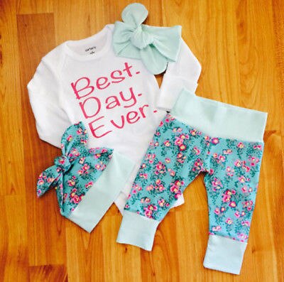 Newborn Infant Baby Girls Romper+Floral Long Pants Hat Clothes 4Pcs Outfits Set - ebowsos