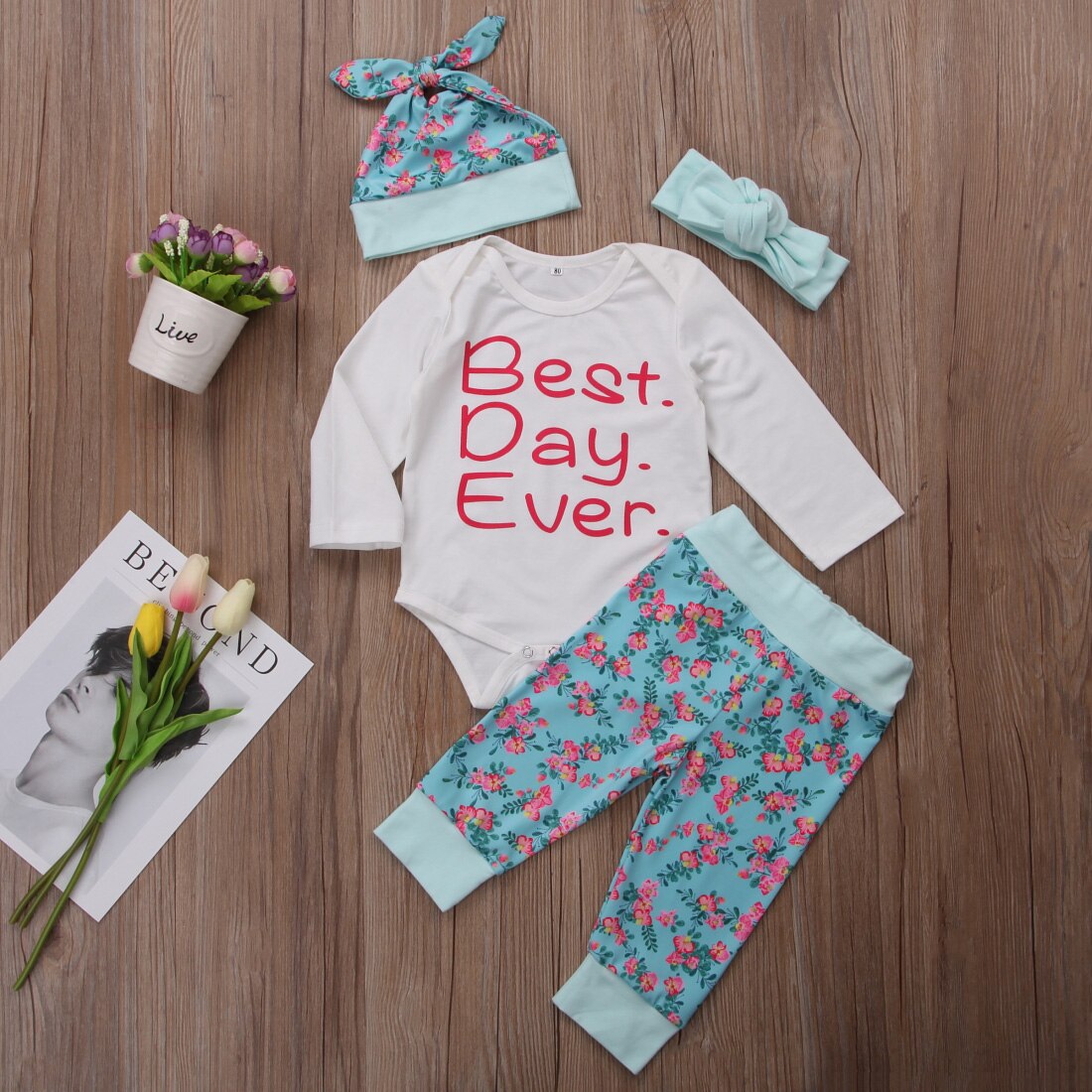 Newborn Infant Baby Girls Romper+Floral Long Pants Hat Clothes 4Pcs Outfits Set - ebowsos