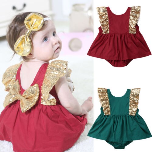 Newborn Infant Baby Girls Sequins Bow Romper  Jumpsuit Tutu Dress Clothes Outfits - ebowsos