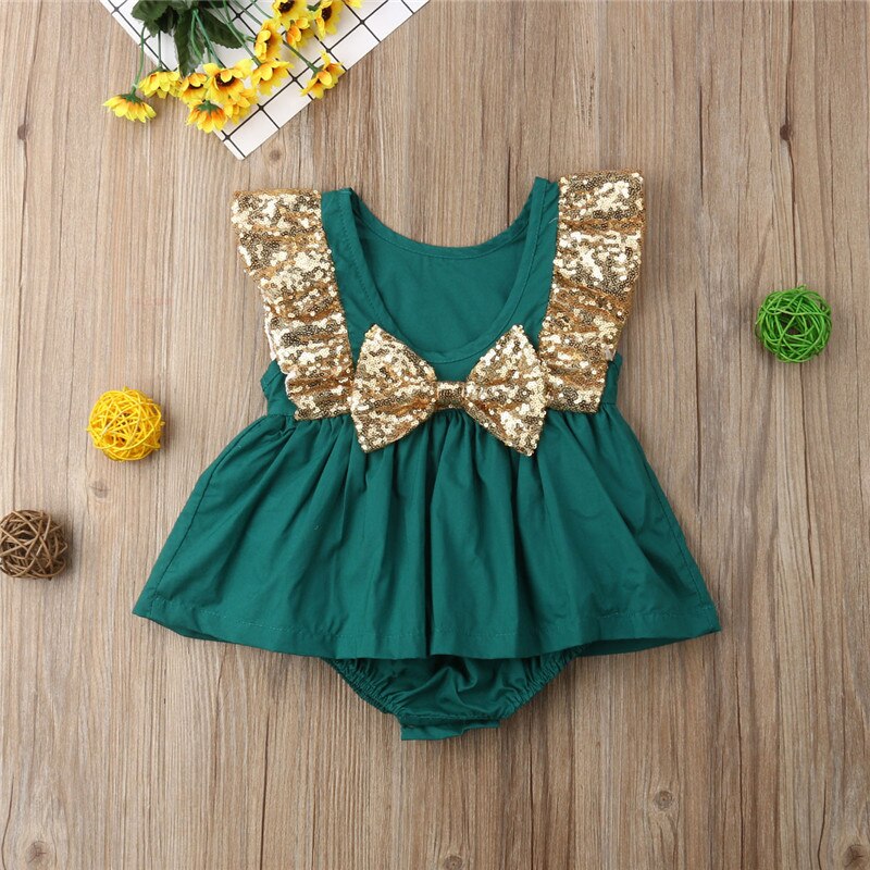 Newborn Infant Baby Girls Sequins Bow Romper  Jumpsuit Tutu Dress Clothes Outfits - ebowsos