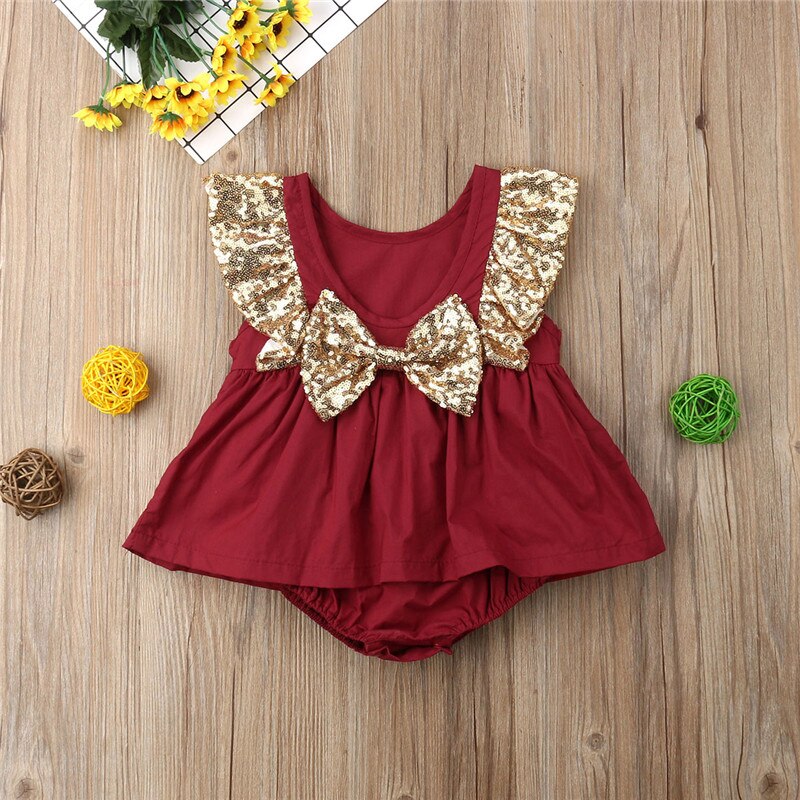 Newborn Infant Baby Girls Sequins Bow Romper  Jumpsuit Tutu Dress Clothes Outfits - ebowsos