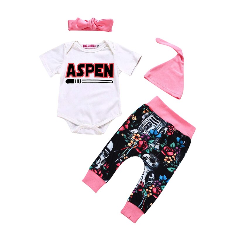 Newborn Infant Baby Girls Short Sleeve Romper Letter Print Bodysuit+Pants Leggings+Hat+Headband 4Pcs Cotton Outfit Clothes - ebowsos