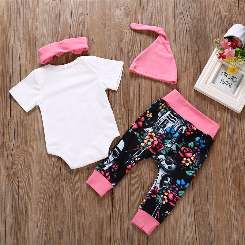 Newborn Infant Baby Girls Short Sleeve Romper Letter Print Bodysuit+Pants Leggings+Hat+Headband 4Pcs Cotton Outfit Clothes - ebowsos