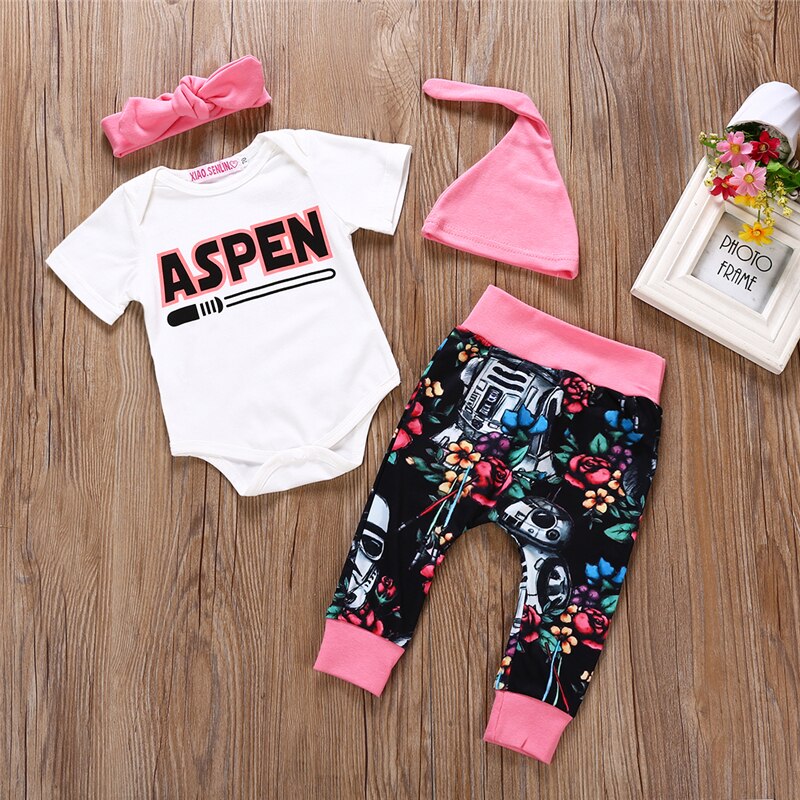 Newborn Infant Baby Girls Short Sleeve Romper Letter Print Bodysuit+Pants Leggings+Hat+Headband 4Pcs Cotton Outfit Clothes - ebowsos