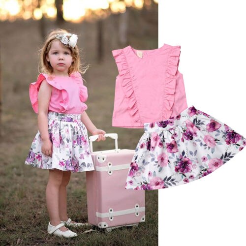 Newborn Infant Baby Girls Sleeveless Ruffles T-shirts Top Flower Skirt Children Girls Casual Cotton Sunsuits Clothes Outfits Set - ebowsos