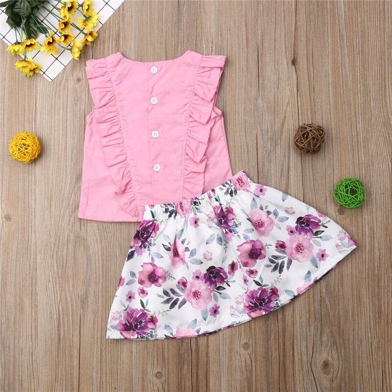 Newborn Infant Baby Girls Sleeveless Ruffles T-shirts Top Flower Skirt Children Girls Casual Cotton Sunsuits Clothes Outfits Set - ebowsos