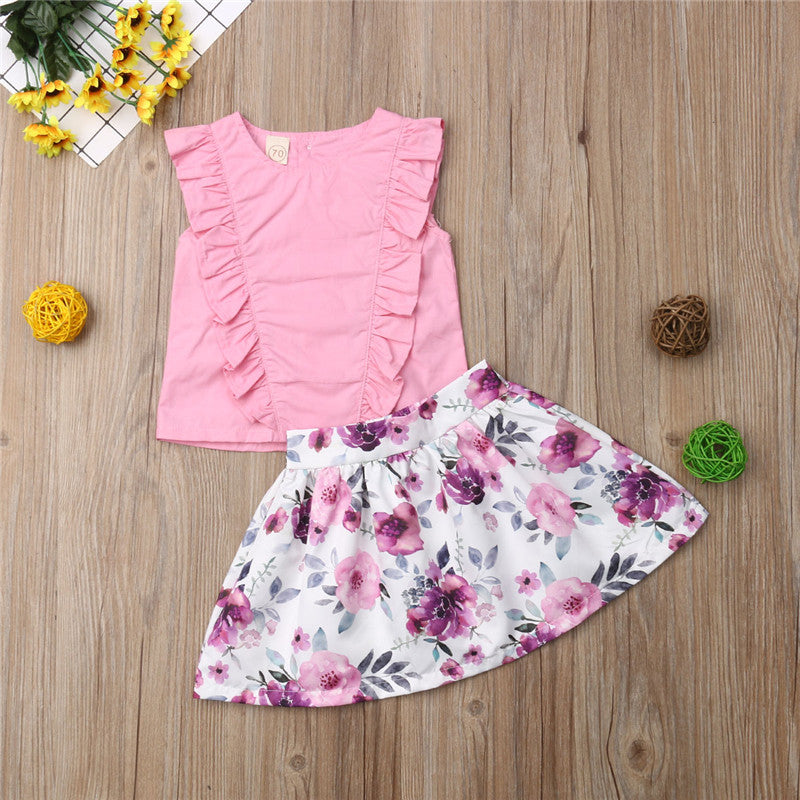 Newborn Infant Baby Girls Sleeveless Ruffles T-shirts Top Flower Skirt Children Girls Casual Cotton Sunsuits Clothes Outfits Set - ebowsos