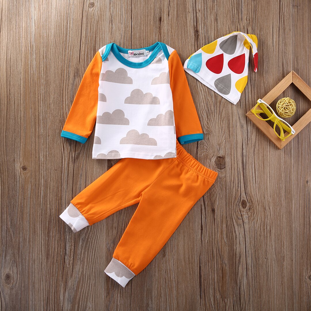 Newborn Infant Kids Baby Boy Girl Outfits Cotton T-shirt Tops+Pants+Hat 3PCS Set - ebowsos