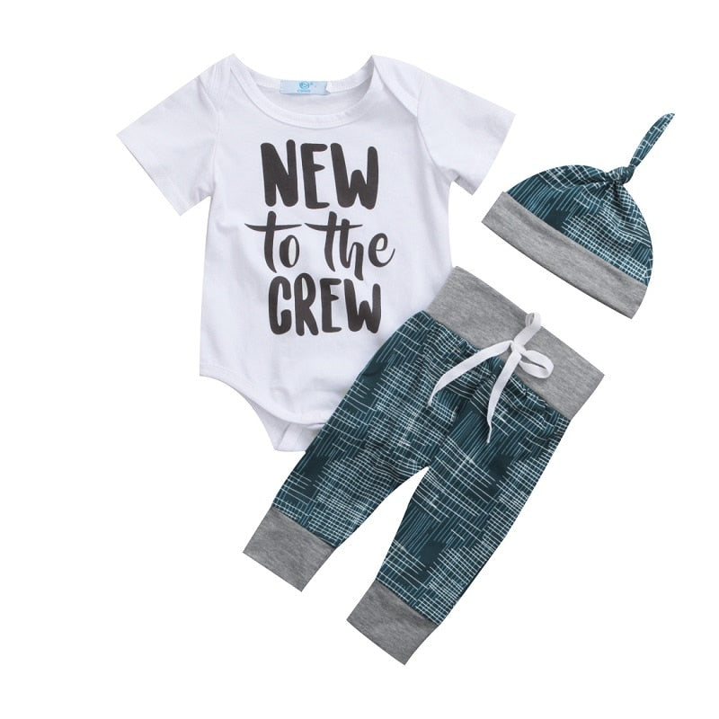 Newborn Kid Baby Boy Girl Clothes new to the crew Jumpsuit Romper + Long Pants Outfit Set - ebowsos