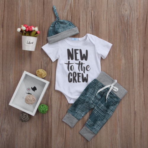 Newborn Kid Baby Boy Girl Clothes new to the crew Jumpsuit Romper + Long Pants Outfit Set - ebowsos