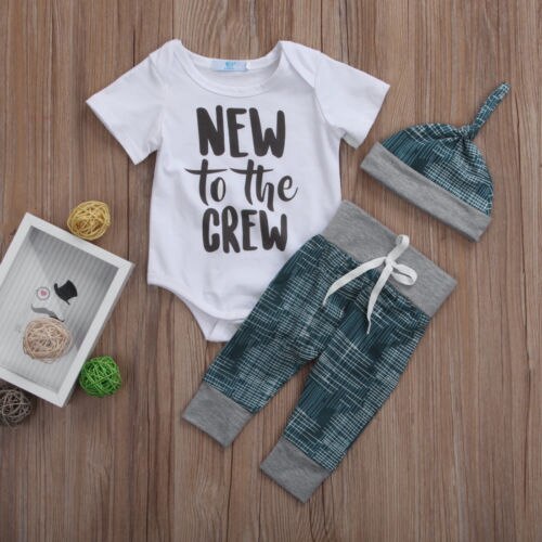 Newborn Kid Baby Boy Girl Clothes new to the crew Jumpsuit Romper + Long Pants Outfit Set - ebowsos