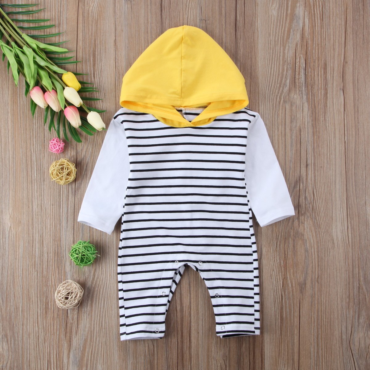 Newborn Kid Baby Boy Girl Hooded Striped Romper Jumpsuit Outfit Clothes - ebowsos