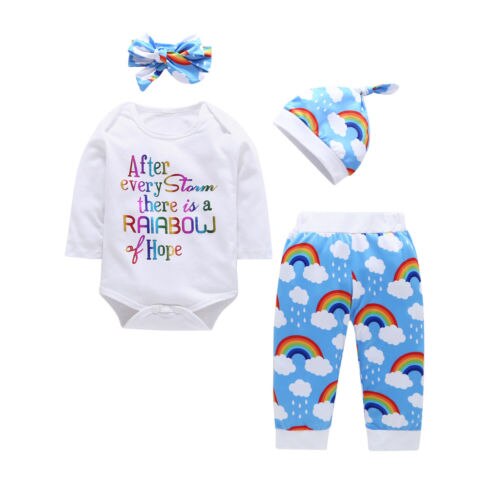 Newborn Kid Baby Boy Girl Set Print Rainbow Long Sleeve Romper+Pant+Hat+Headband Cotton Outfit Clothes - ebowsos