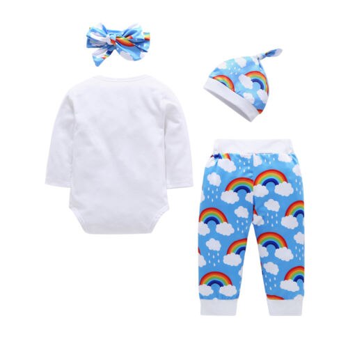 Newborn Kid Baby Boy Girl Set Print Rainbow Long Sleeve Romper+Pant+Hat+Headband Cotton Outfit Clothes - ebowsos