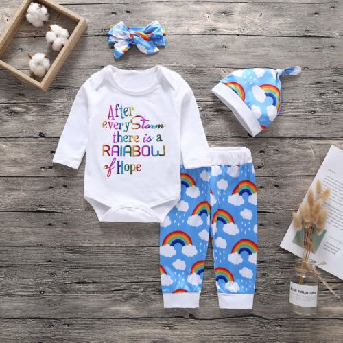 Newborn Kid Baby Boy Girl Set Print Rainbow Long Sleeve Romper+Pant+Hat+Headband Cotton Outfit Clothes - ebowsos