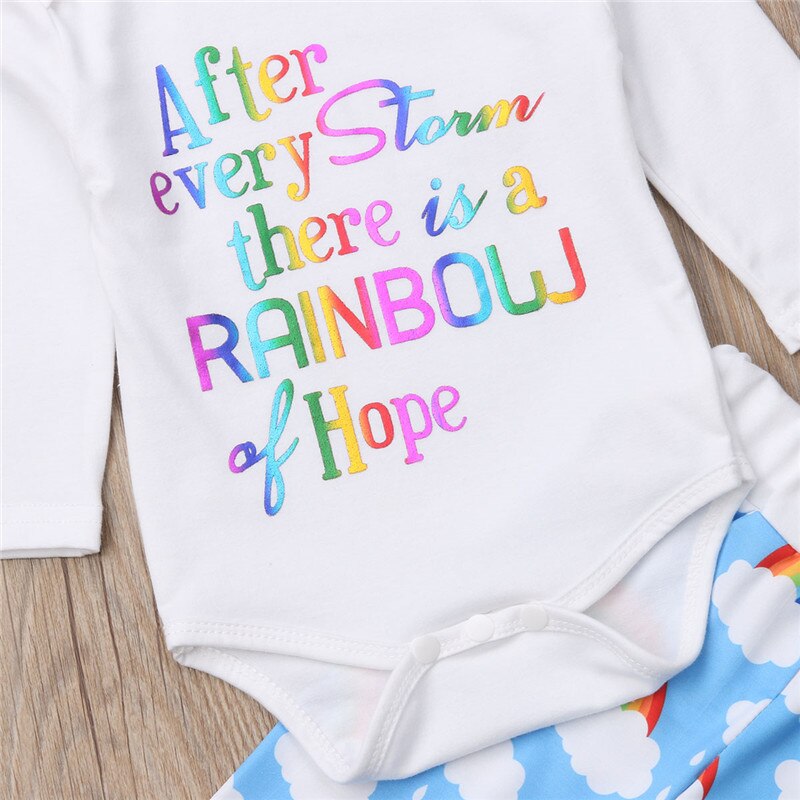 Newborn Kid Baby Boy Girl Set Print Rainbow Long Sleeve Romper+Pant+Hat+Headband Cotton Outfit Clothes - ebowsos