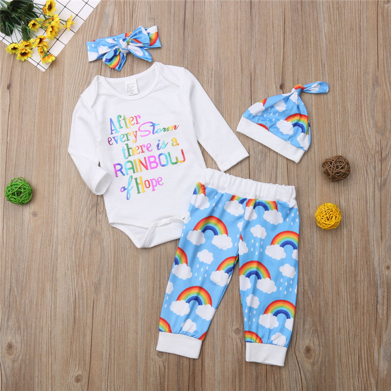 Newborn Kid Baby Boy Girl Set Print Rainbow Long Sleeve Romper+Pant+Hat+Headband Cotton Outfit Clothes - ebowsos