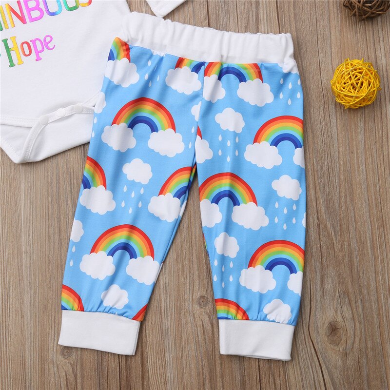 Newborn Kid Baby Boy Girl Set Print Rainbow Long Sleeve Romper+Pant+Hat+Headband Cotton Outfit Clothes - ebowsos