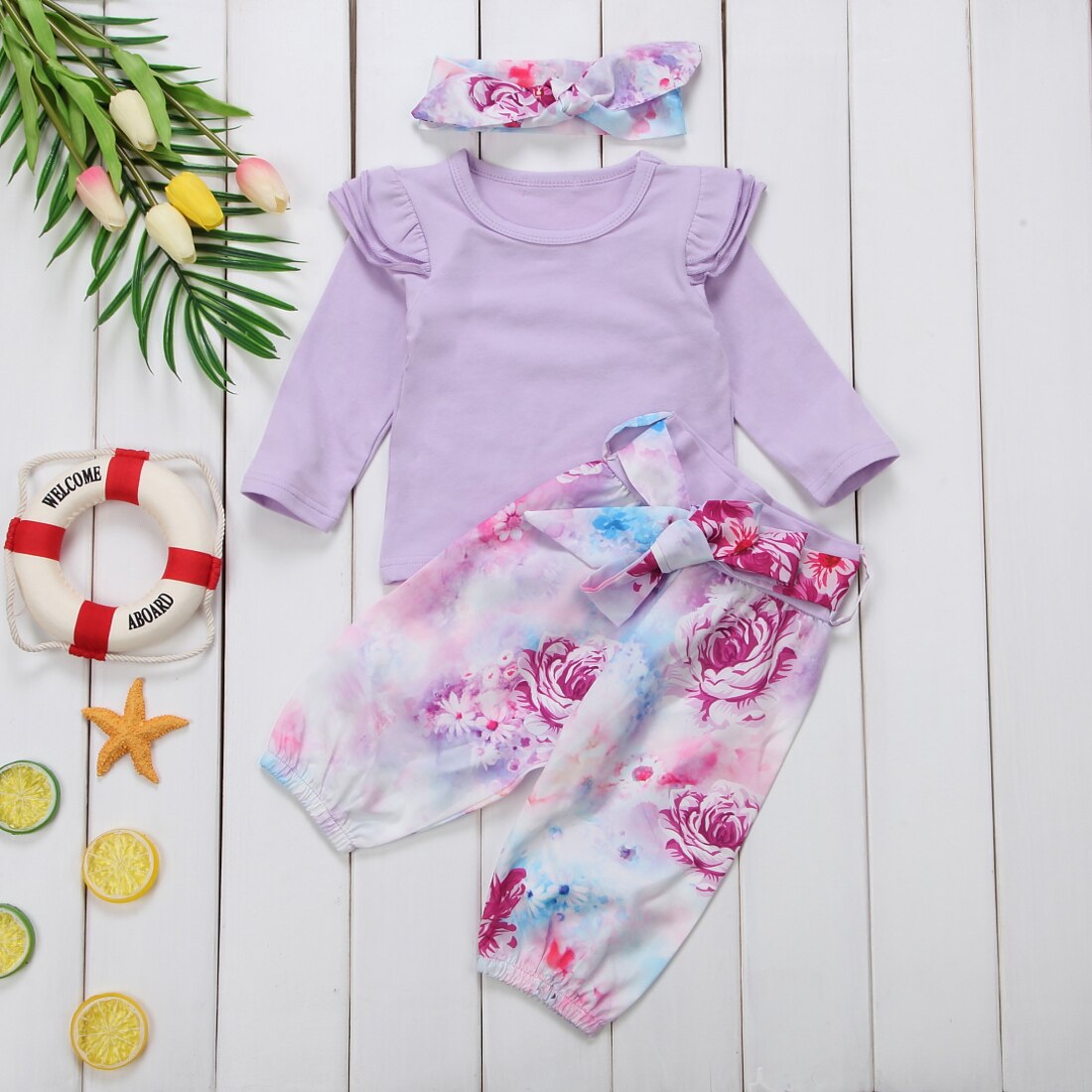 Newborn Kid Baby Girl Floral Clothes Tops T shirts Tee + Long Pants Outfit Set - ebowsos