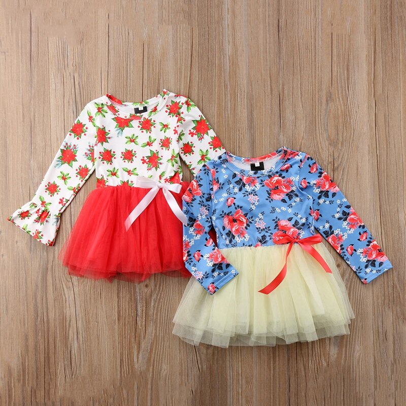 Newborn Kid Baby Girl Floral Girls Dresses Net Yarn Long Sleeve Princess Dress Party Clothes Outfit - ebowsos