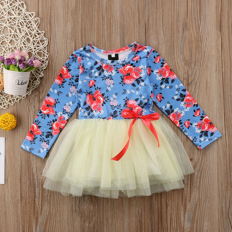 Newborn Kid Baby Girl Floral Girls Dresses Net Yarn Long Sleeve Princess Dress Party Clothes Outfit - ebowsos