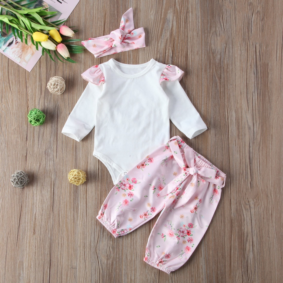 Newborn Kid Baby Girls Floral Clothes Jumpsuit Romper Bodysuit Long Pants Outfit set - ebowsos