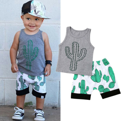 Newborn Kids Baby Boy Sleeveless Cactus T-Shirt Shorts Summer Outfits Sunsuit - ebowsos