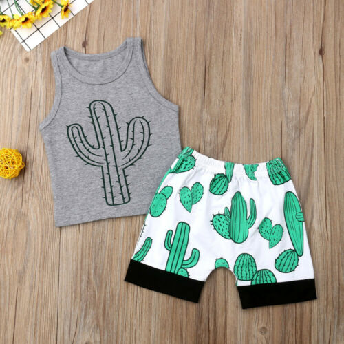 Newborn Kids Baby Boy Sleeveless Cactus T-Shirt Shorts Summer Outfits Sunsuit - ebowsos