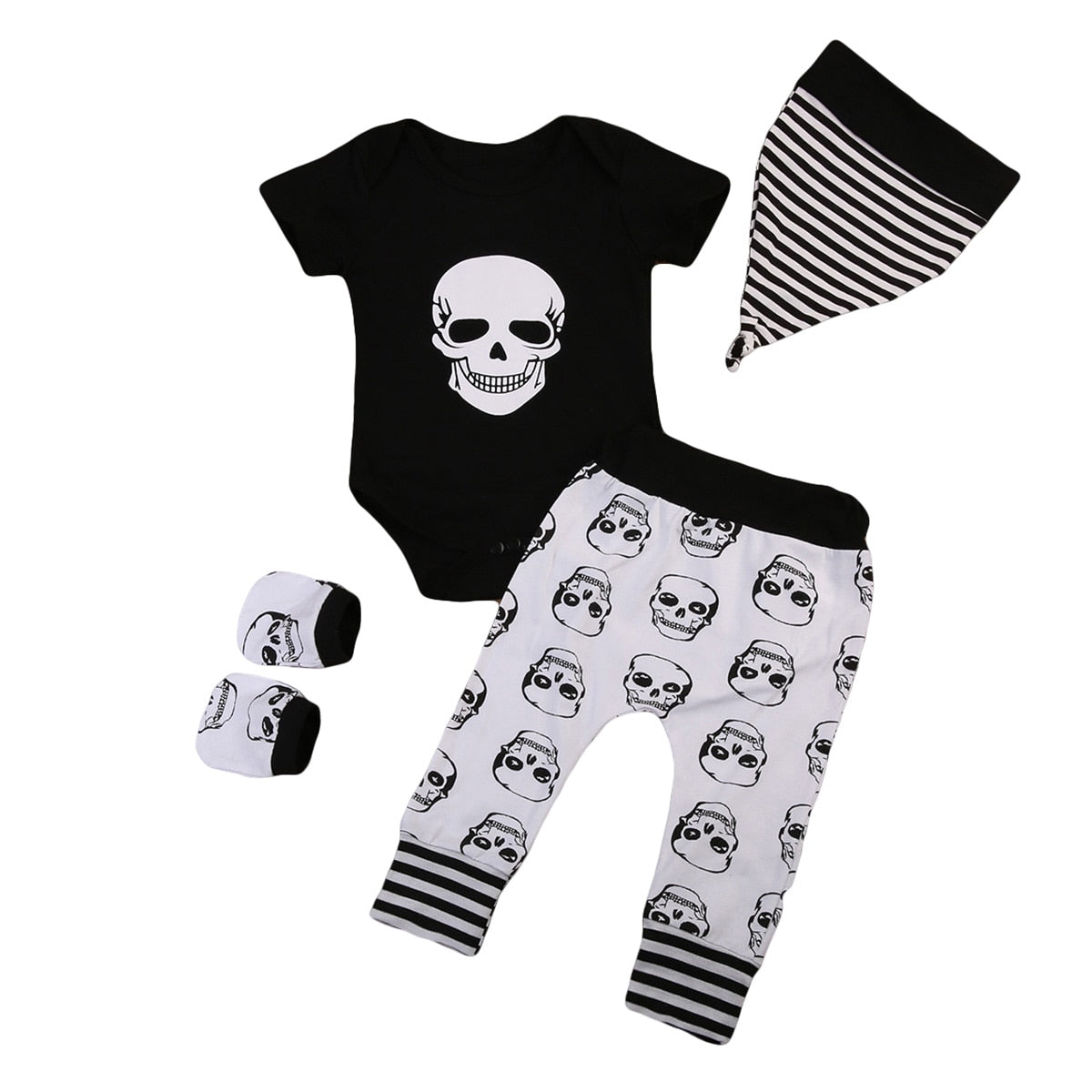 Newborn Kids Baby Boys Skull Tops Romper Long Pants Hat 4Pcs Outfits Set Clothes - ebowsos