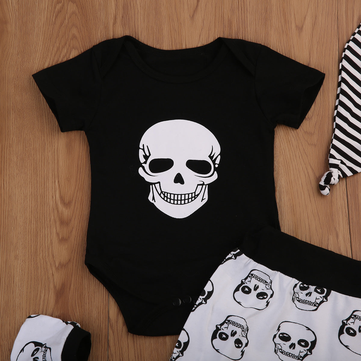 Newborn Kids Baby Boys Skull Tops Romper Long Pants Hat 4Pcs Outfits Set Clothes - ebowsos