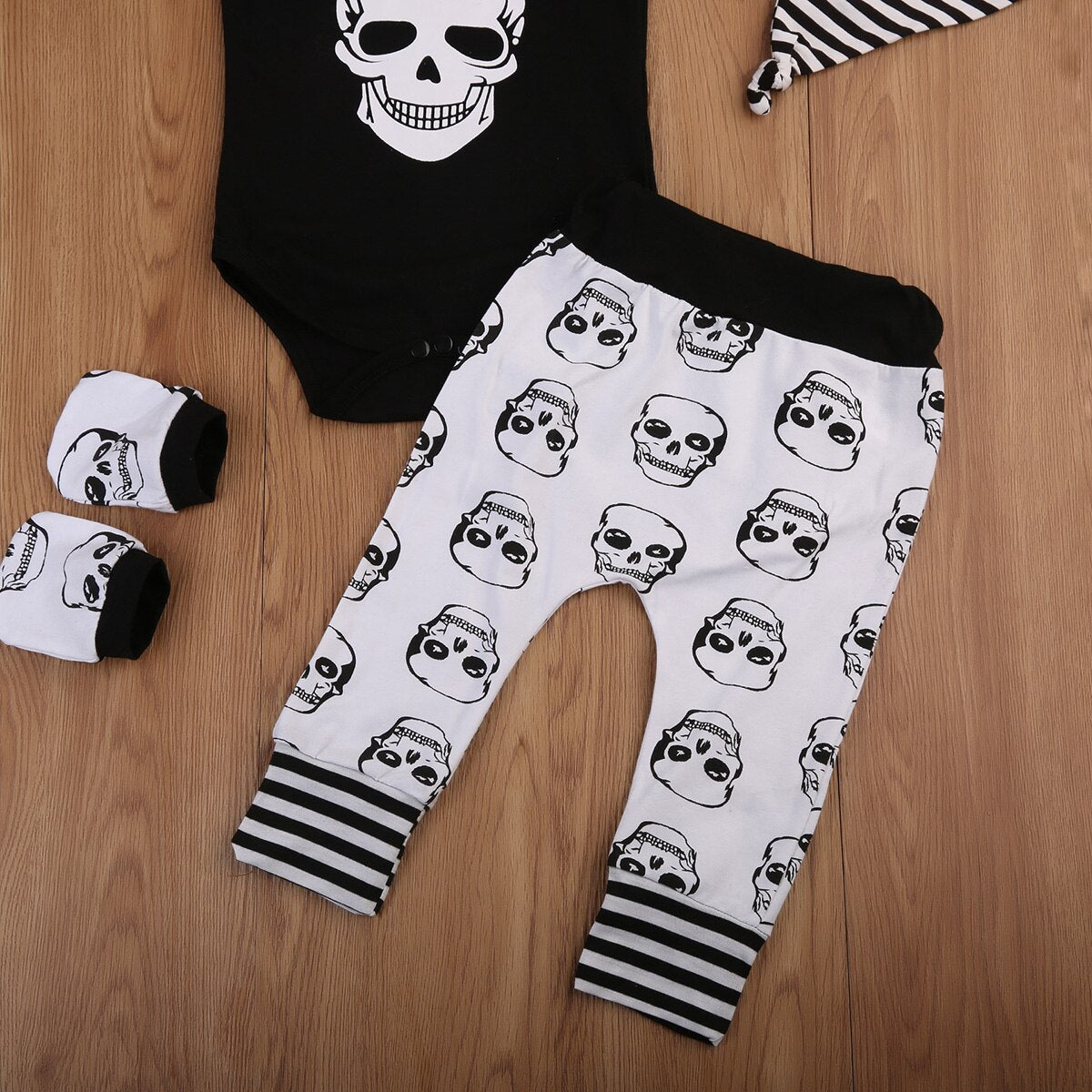 Newborn Kids Baby Boys Skull Tops Romper Long Pants Hat 4Pcs Outfits Set Clothes - ebowsos