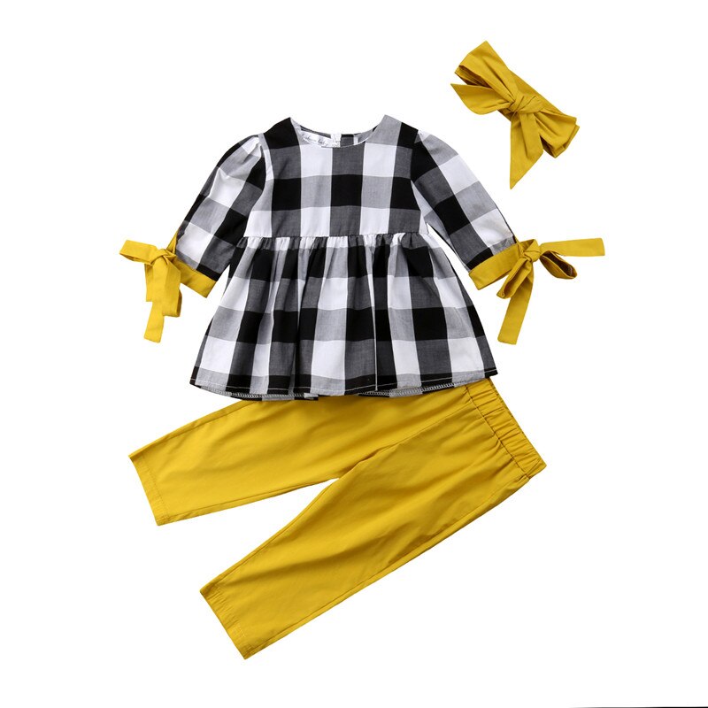 Newborn Kids Baby Girl Long Sleeve Plaid Tops Shirt Pants 3Pcs Outfits Clothes - ebowsos